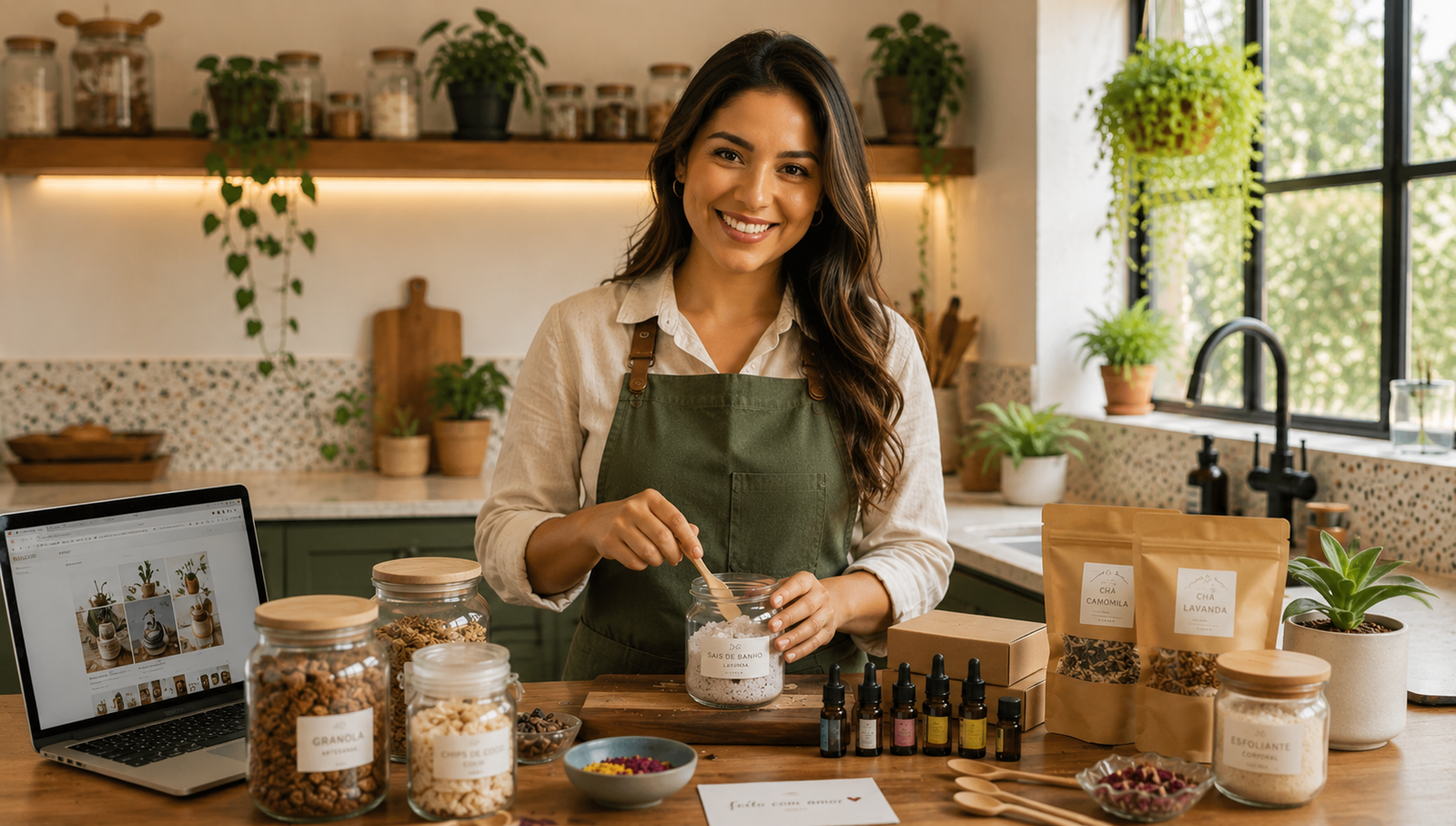 Mujer preparando sales de baño en su cocina